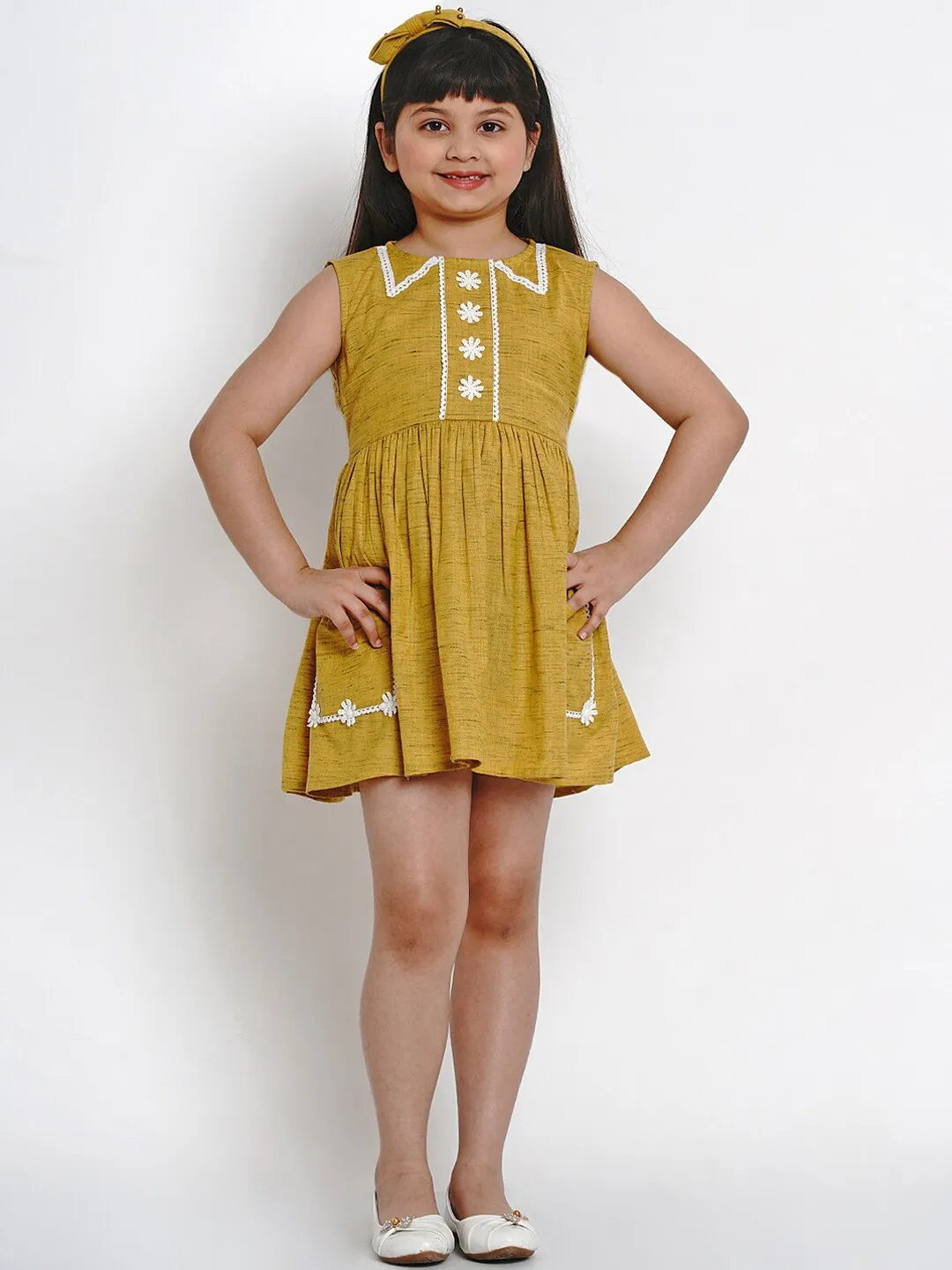 Girl's Mustard Yellow Solid Fit And Flare Dress  - NOZ2TOZ KIDS