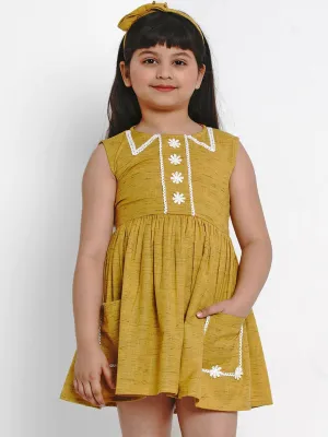 Girl's Mustard Yellow Solid Fit And Flare Dress  - NOZ2TOZ KIDS