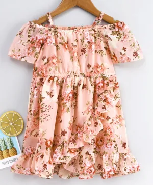 Girls Peach-Coloured Green Floral Print Wrap Dress - Ps Peaches