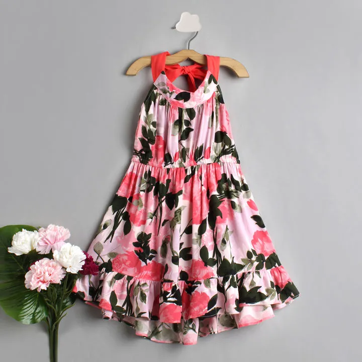 Girls Pink Green Floral Print Fit And Flare Dress - Ps Peaches