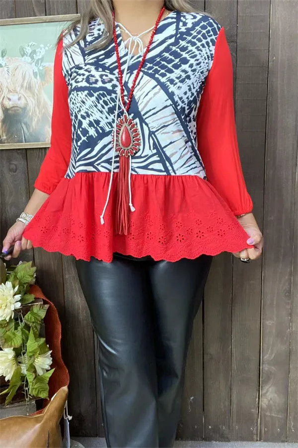 GJQ15031 Black striped Red block printed 3/4 sleeve ruffle hem women tops