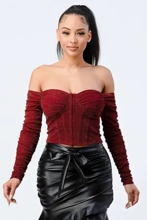 GLITTER OFF SHOULDER RUCHED BUSTIER TOP