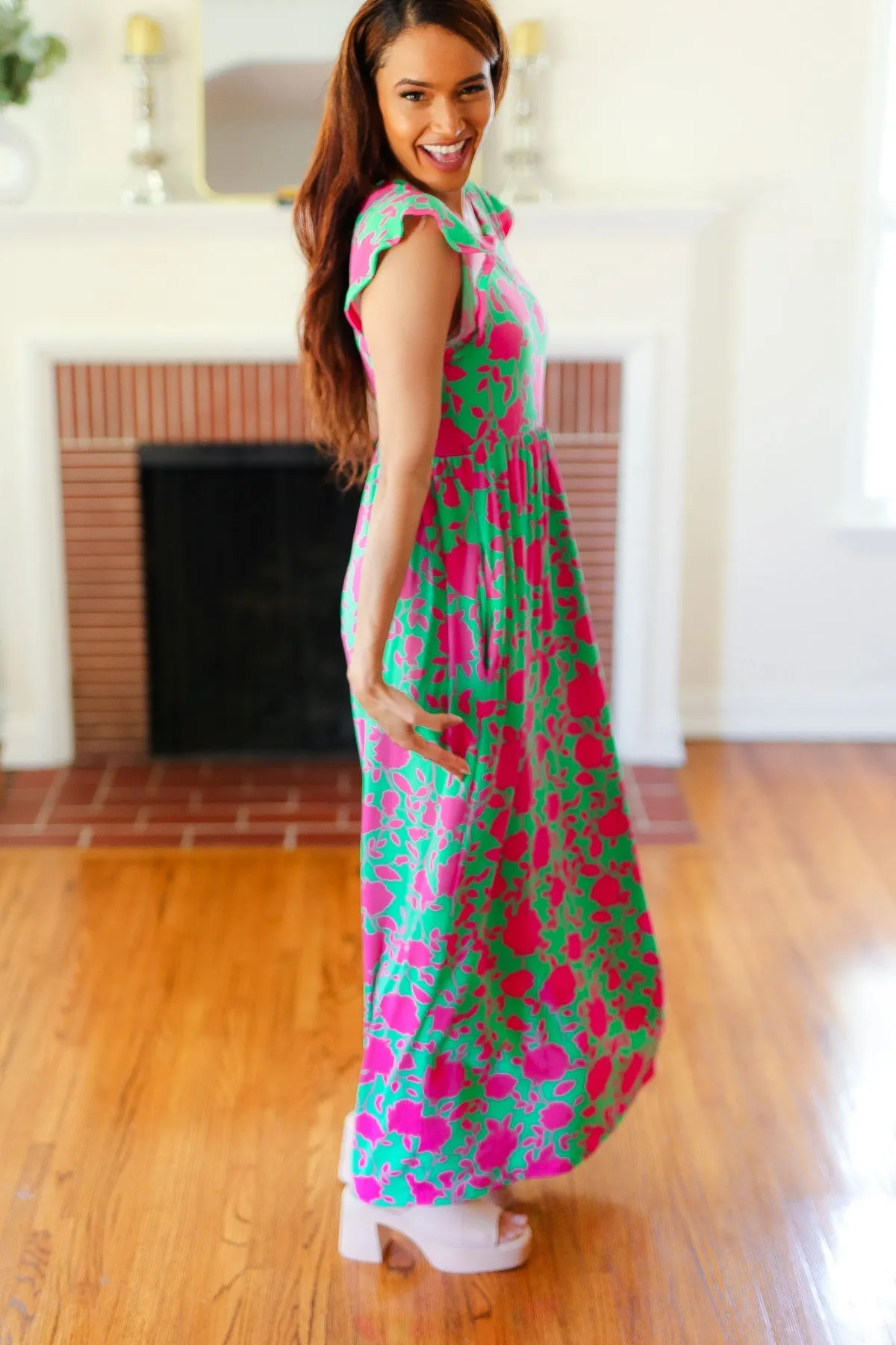 Green & Fuchsia Floral Fit & Flare Maxi Dress