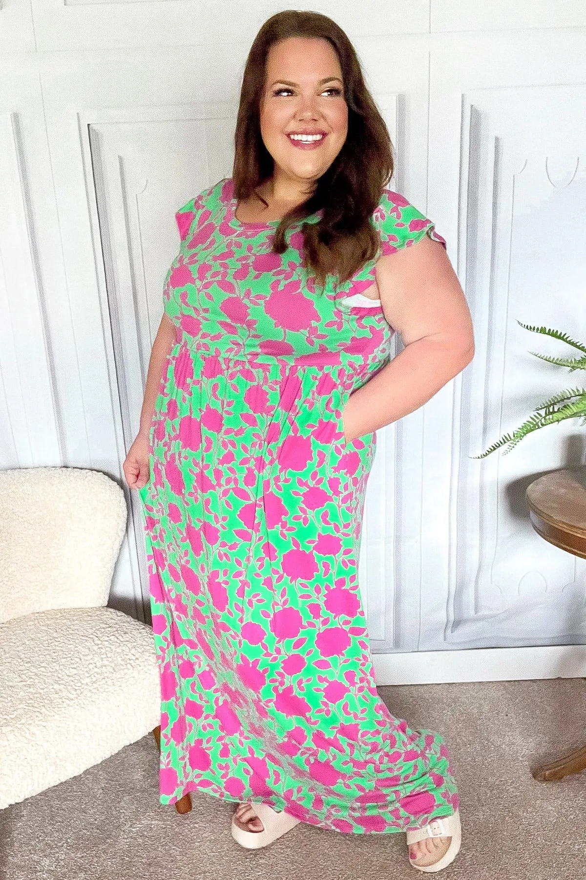 Green & Fuchsia Floral Fit & Flare Maxi Dress