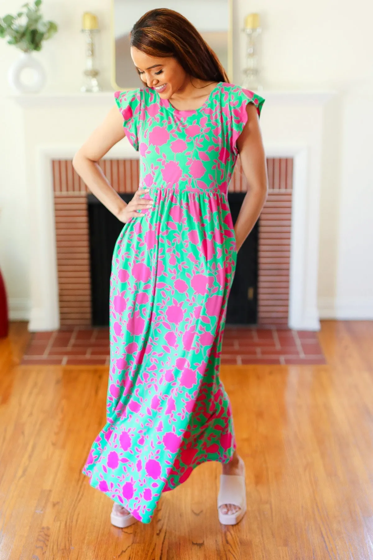 Green & Fuchsia Floral Fit & Flare Maxi Dress