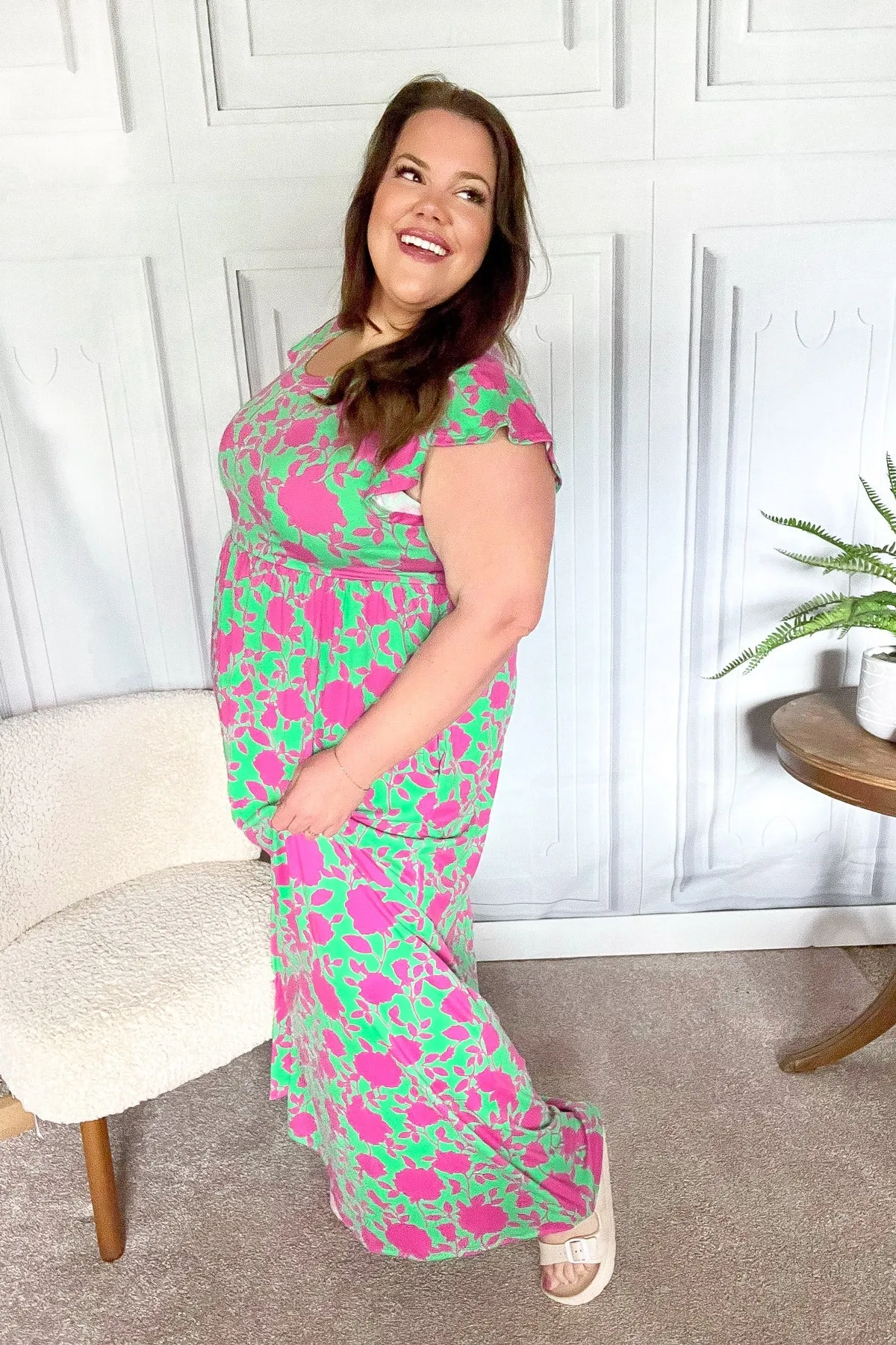 Green & Fuchsia Floral Fit & Flare Maxi Dress