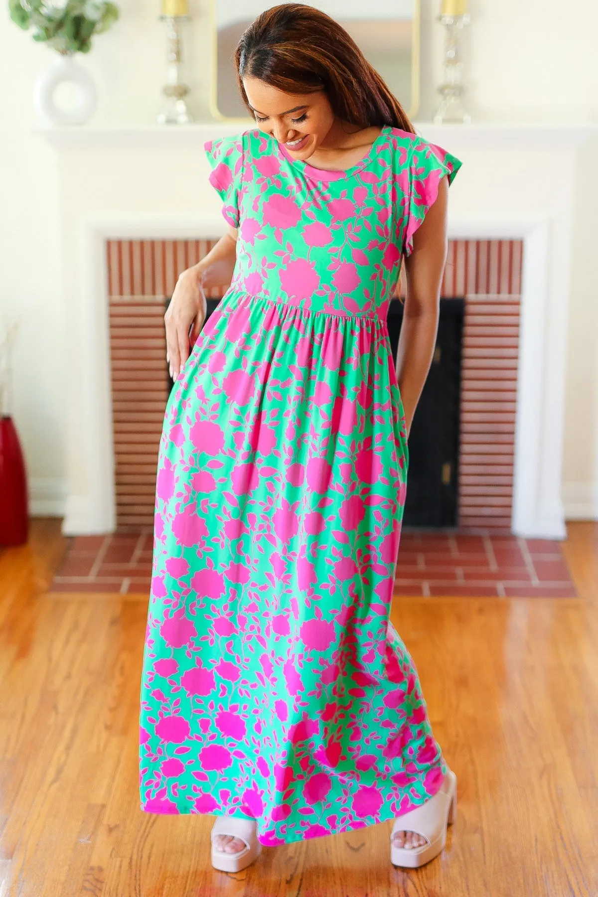 Green & Fuchsia Floral Fit & Flare Maxi Dress