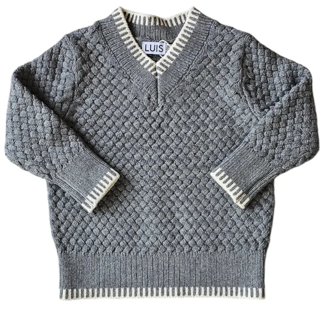 KENSIGTON V-NECK WEAVE SWEATER-Grey/Cream