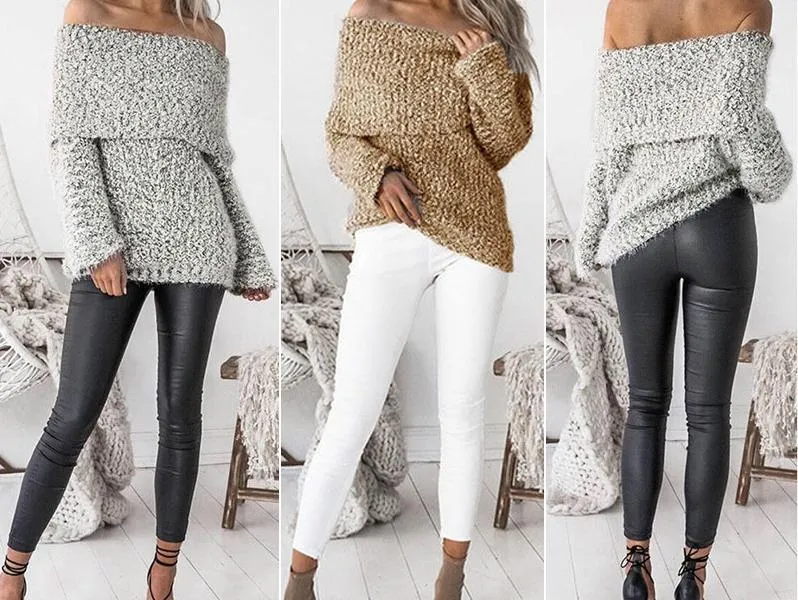 Knit Off Shoulder Long Sleeve Tops Sweater