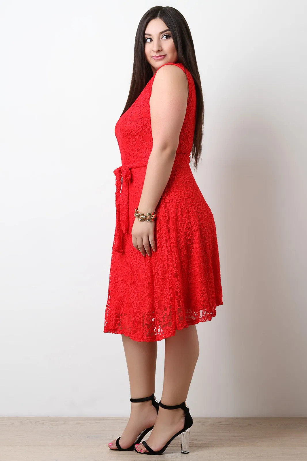 Lace Sleeveless Tie-Waist Fit And Flare Dress