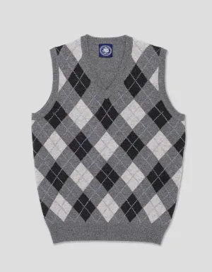 LAMBSWOOL ARGYLE FRONT V-NECK VEST - GREY