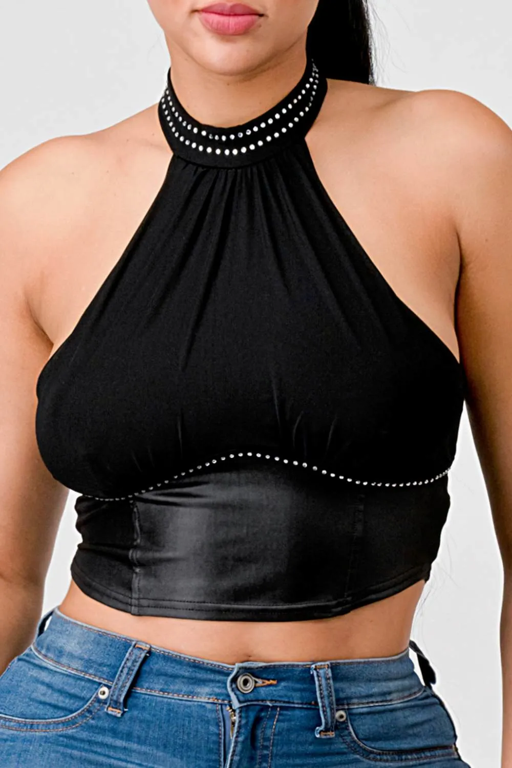 LUXE COATING RHINESTONES TRIM HALTER TANK TOP