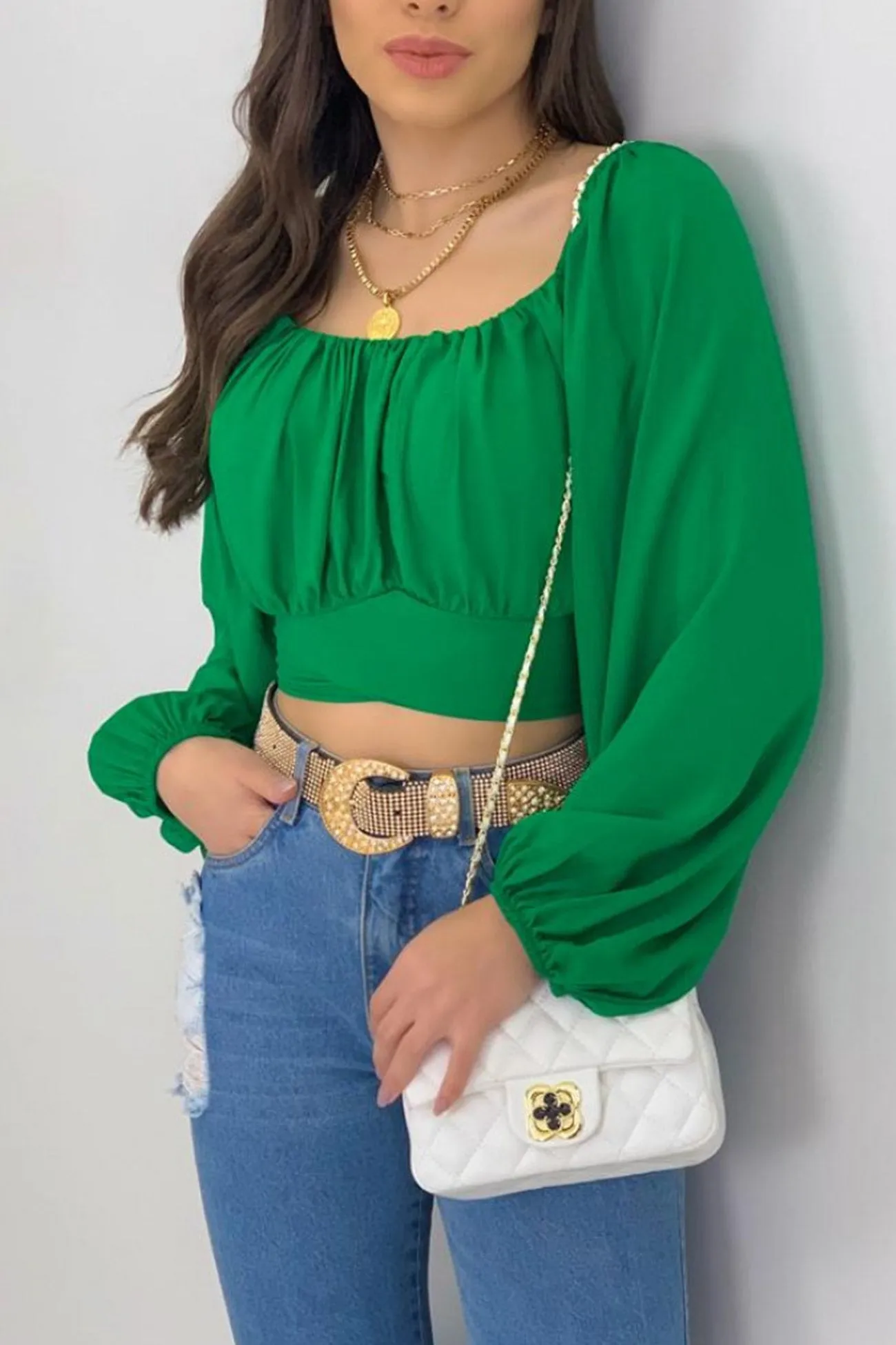 Off Shoulder Puff Sleeve Crop Top