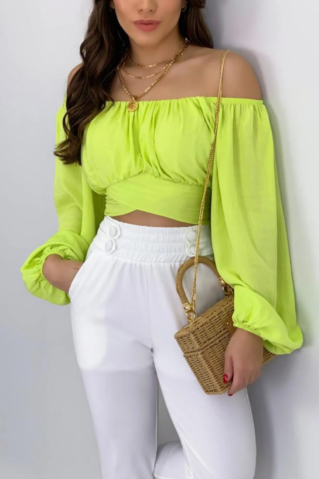 Off Shoulder Puff Sleeve Crop Top