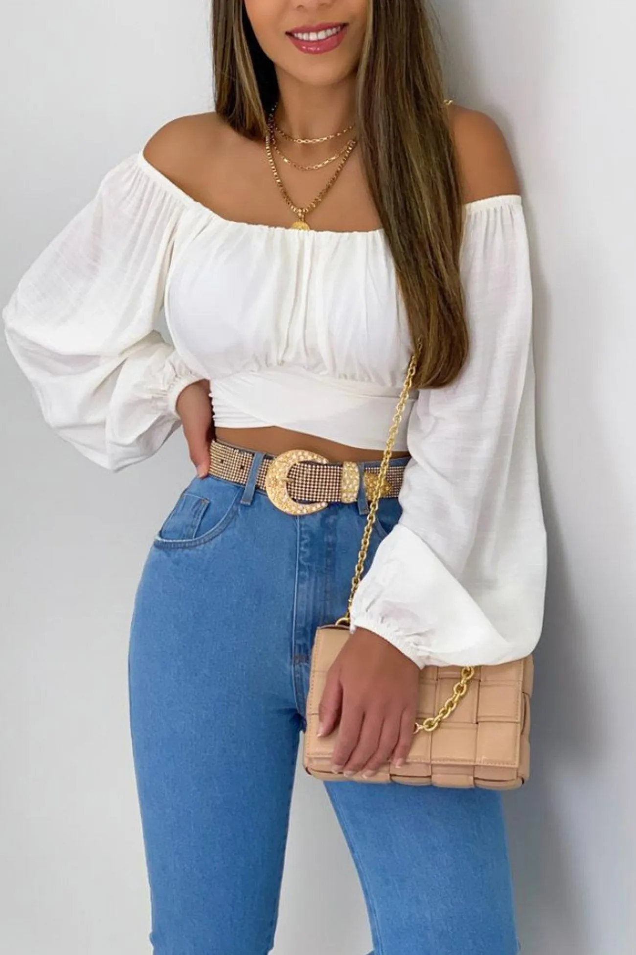 Off Shoulder Puff Sleeve Crop Top