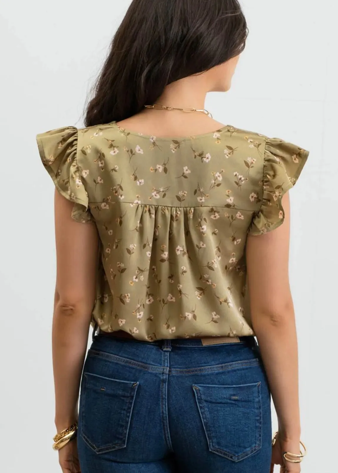 Olive Ruffle Floral Top