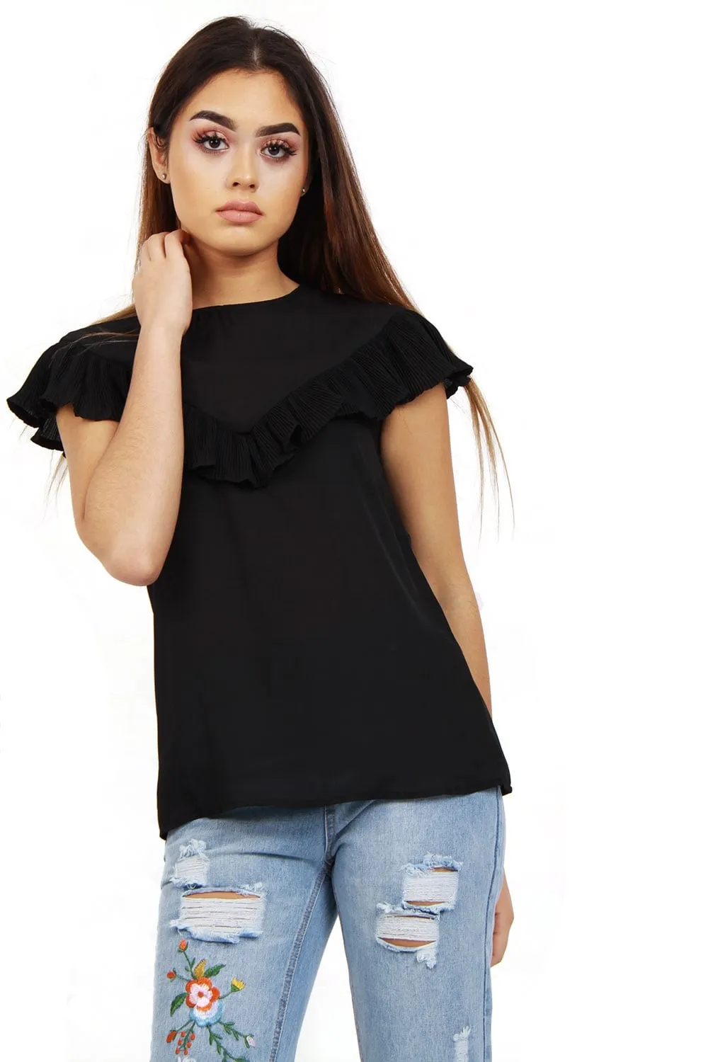 Pleated Ruffle Cap Sleeve Top