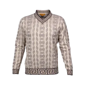 Prestige Brown and Cream V-Neck Greek Key Trim Luxury Men's Sweaters