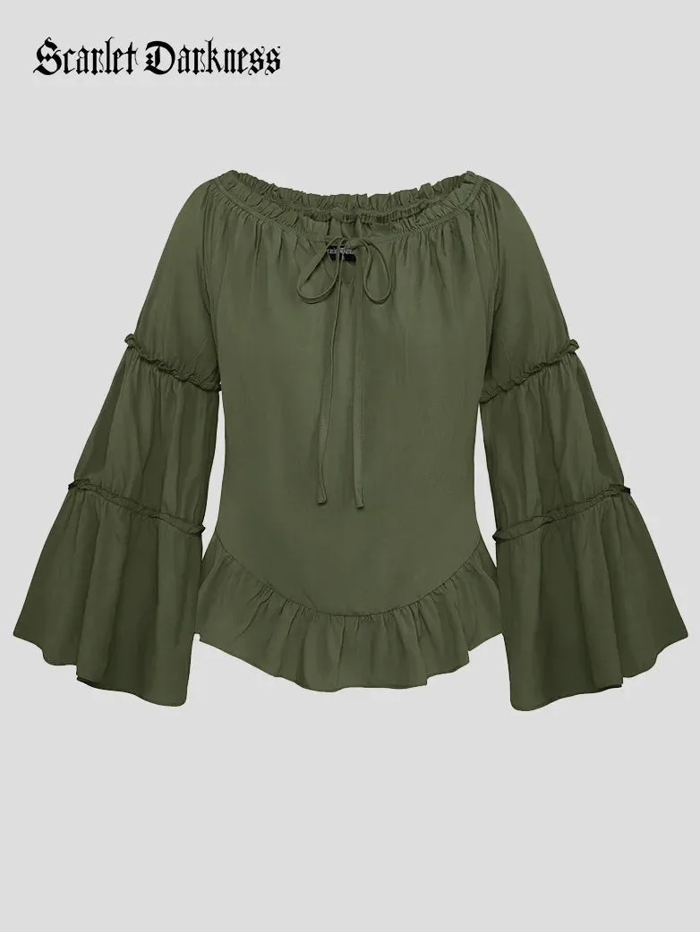 Renaissance Off Shoulder Tops Bell Sleeve Ruffled Hem Tops