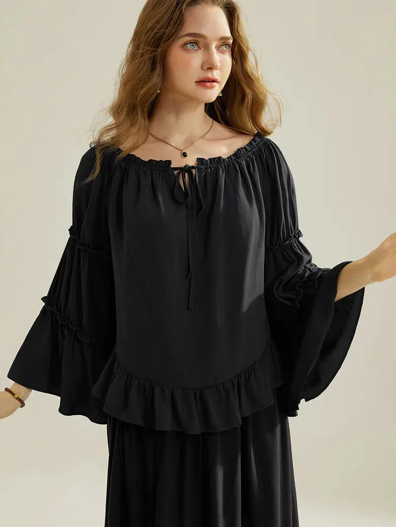 Renaissance Off Shoulder Tops Bell Sleeve Ruffled Hem Tops