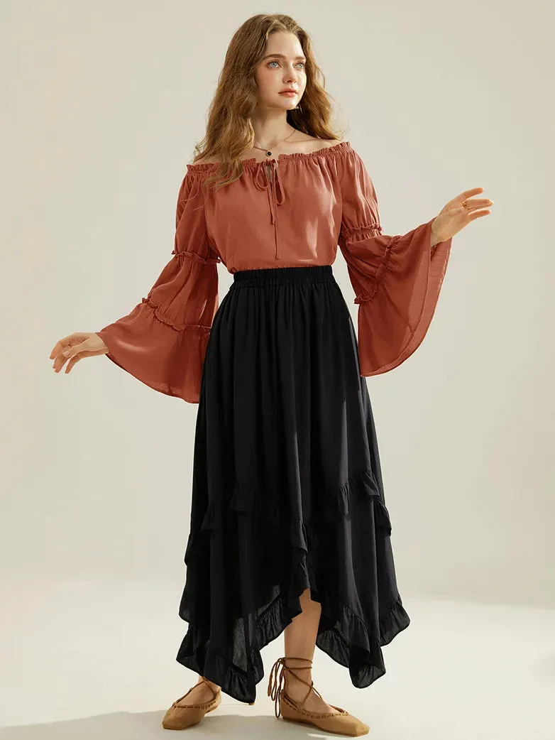 Renaissance Off Shoulder Tops Bell Sleeve Ruffled Hem Tops