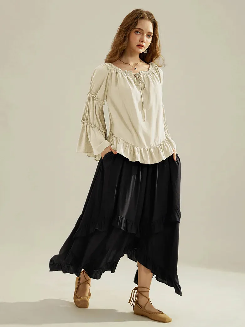 Renaissance Off Shoulder Tops Bell Sleeve Ruffled Hem Tops