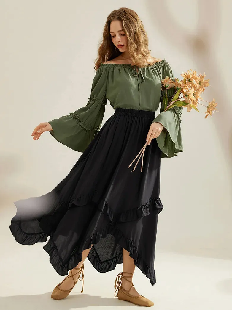 Renaissance Off Shoulder Tops Bell Sleeve Ruffled Hem Tops