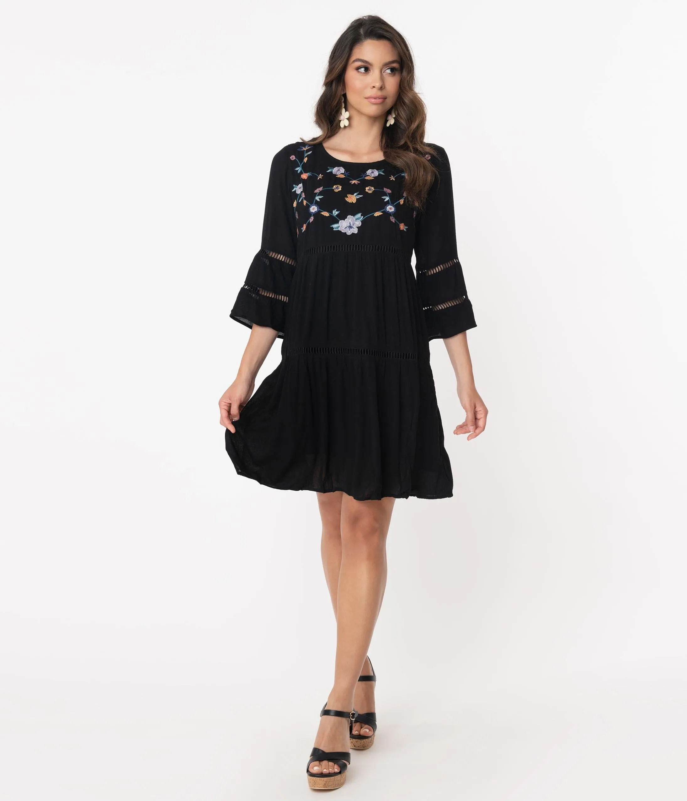 Retro Style Black Embroidered Casual Dress