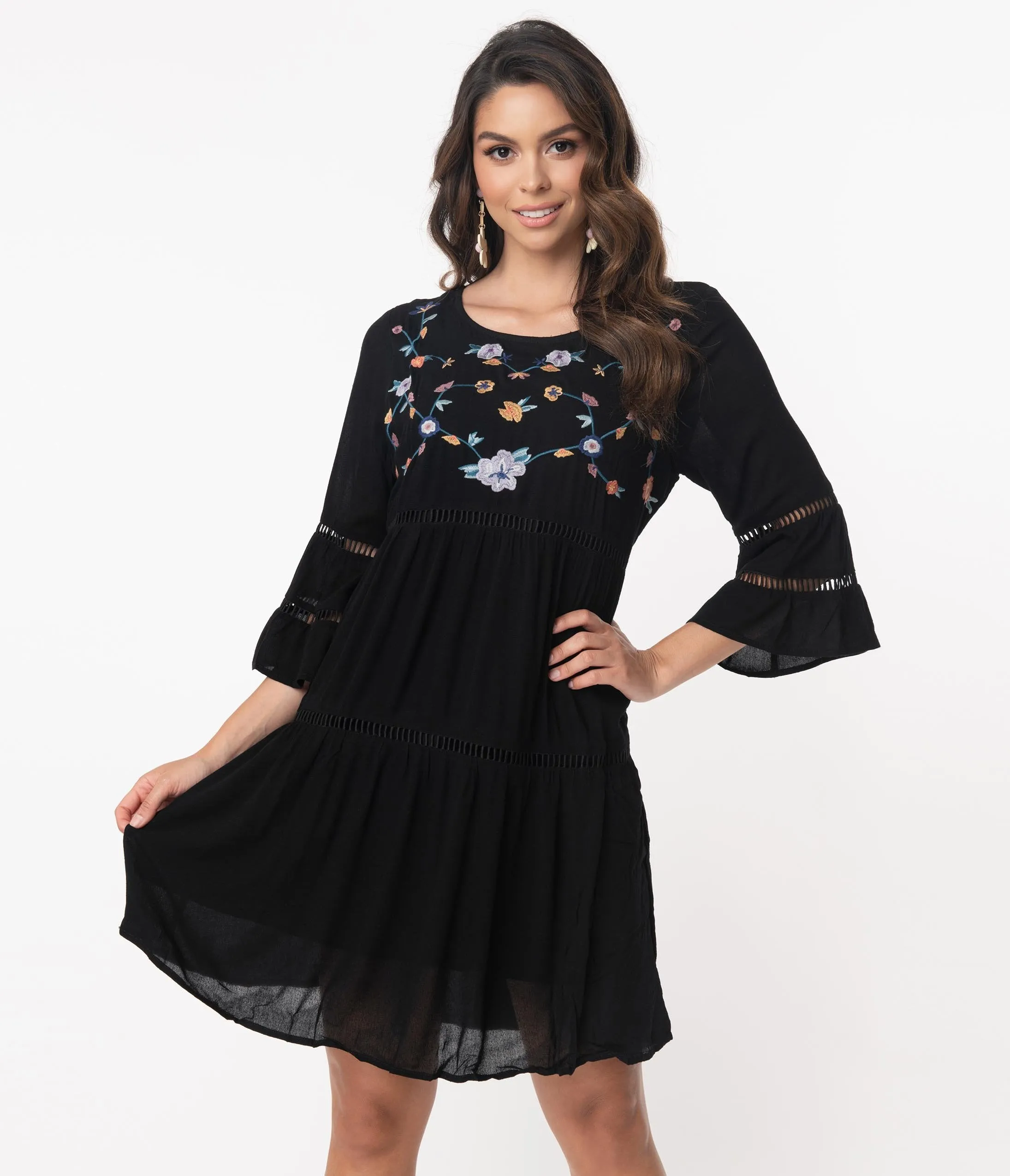 Retro Style Black Embroidered Casual Dress