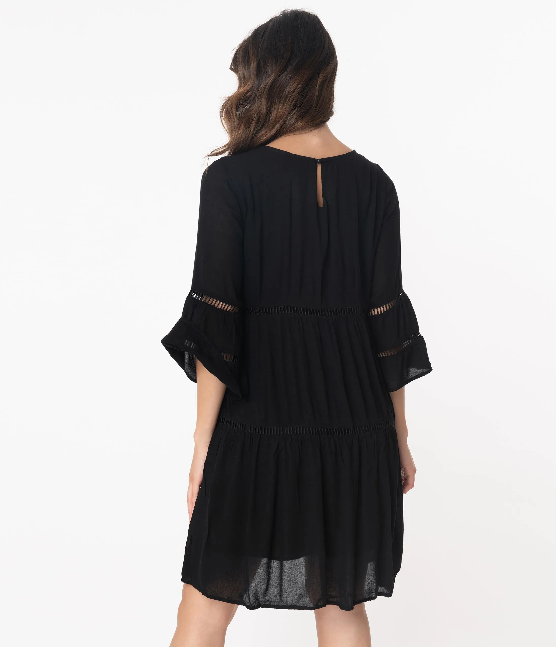 Retro Style Black Embroidered Casual Dress