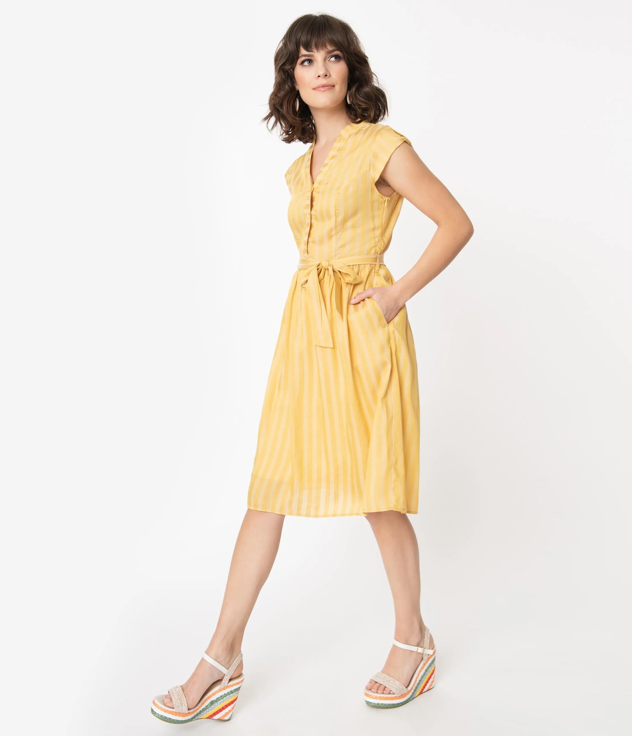 Retro Style Mustard Stripe A-Line Dress