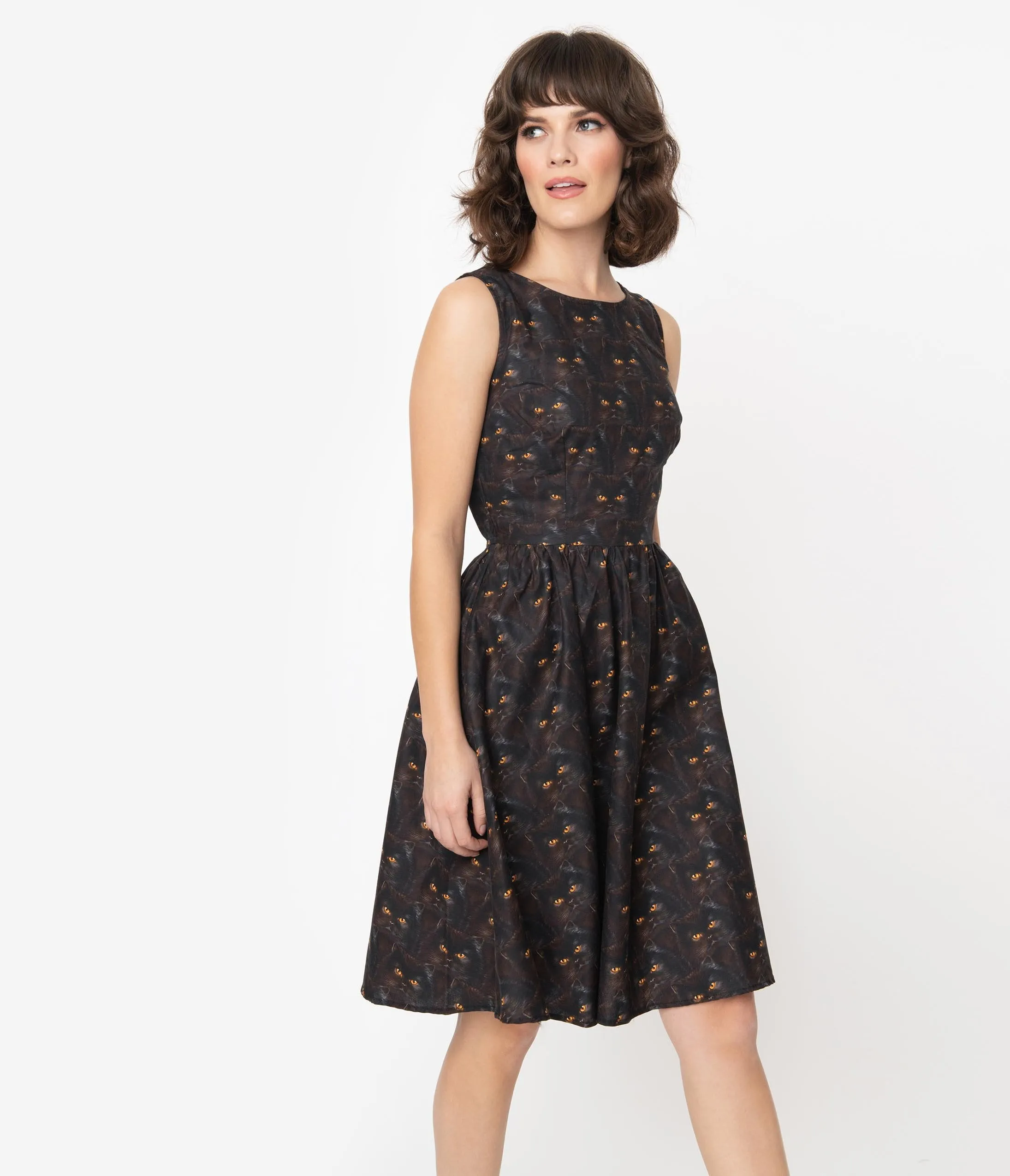 Retrolicious Retro Black Cats Print Fit & Flare Dress