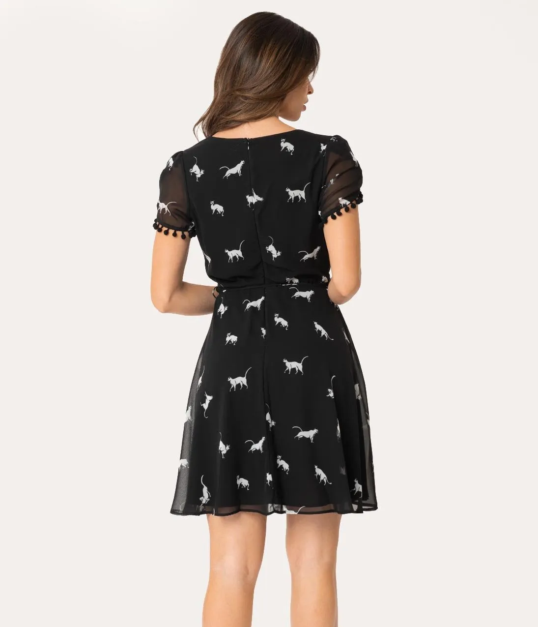 Smak Parlour Black & White Cat Print Pretty Woke Faux Wrap Flare Dress