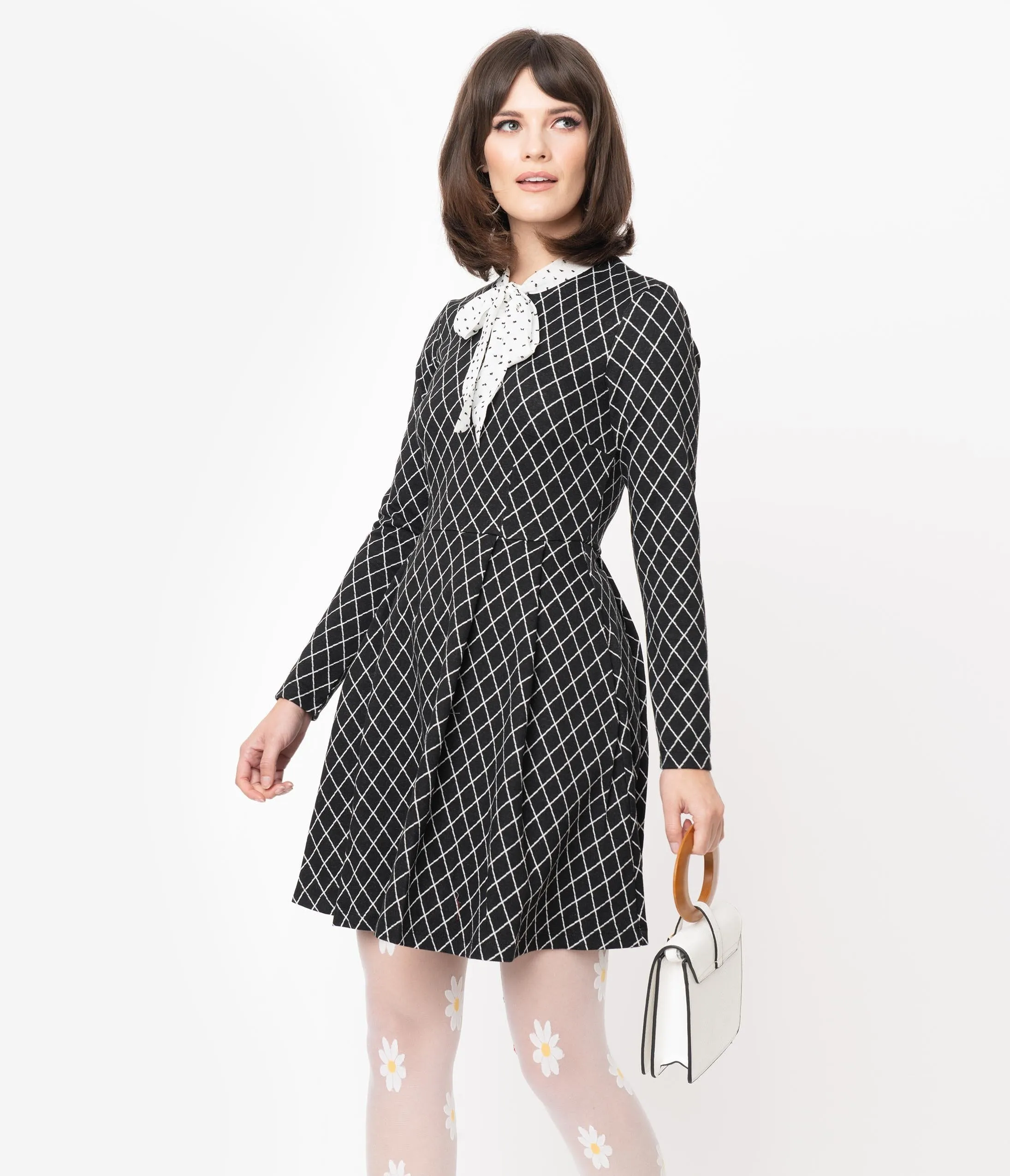 Smak Parlour Black & White Diamond Dotted Bow Flare Dress