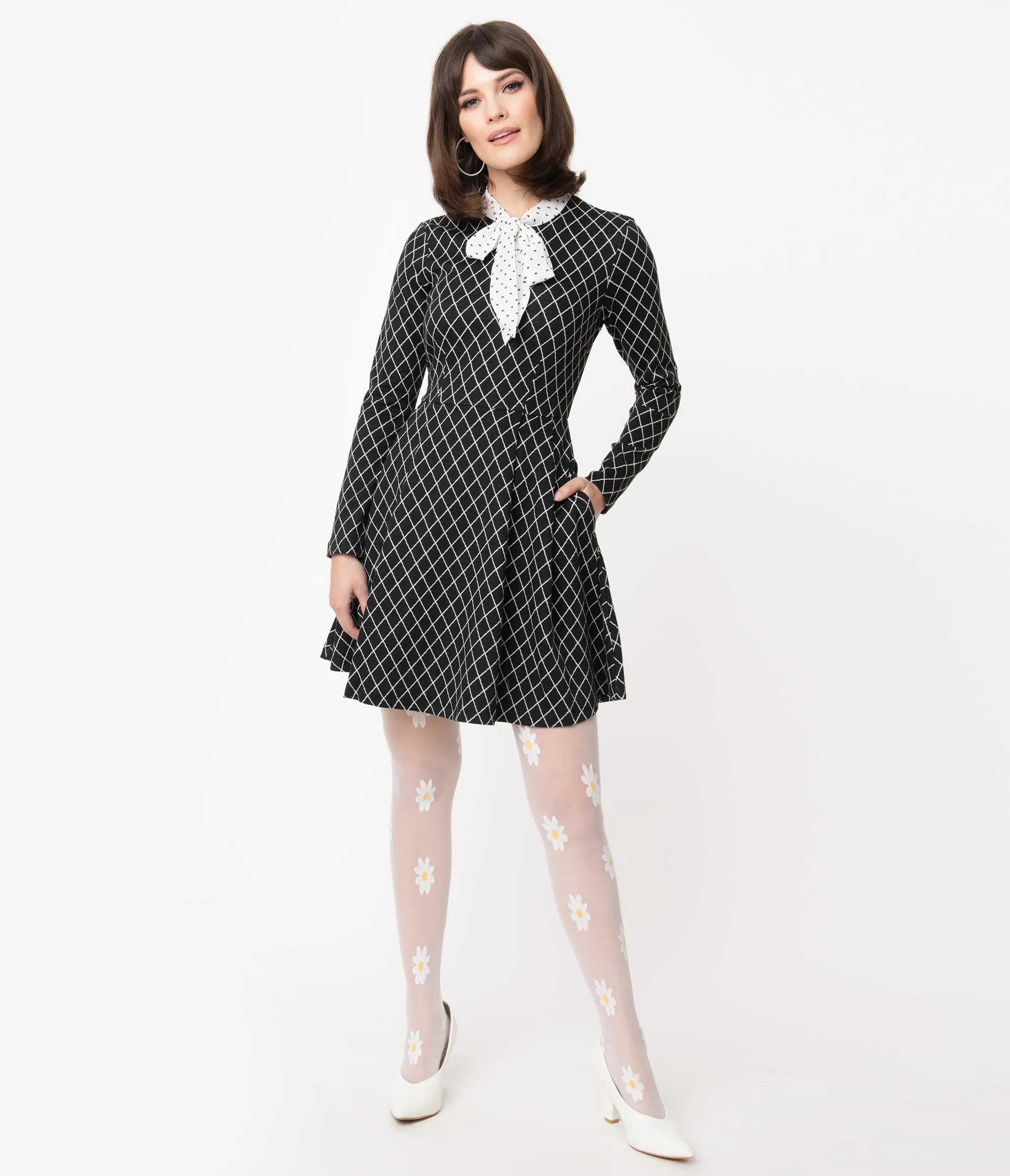 Smak Parlour Black & White Diamond Dotted Bow Flare Dress