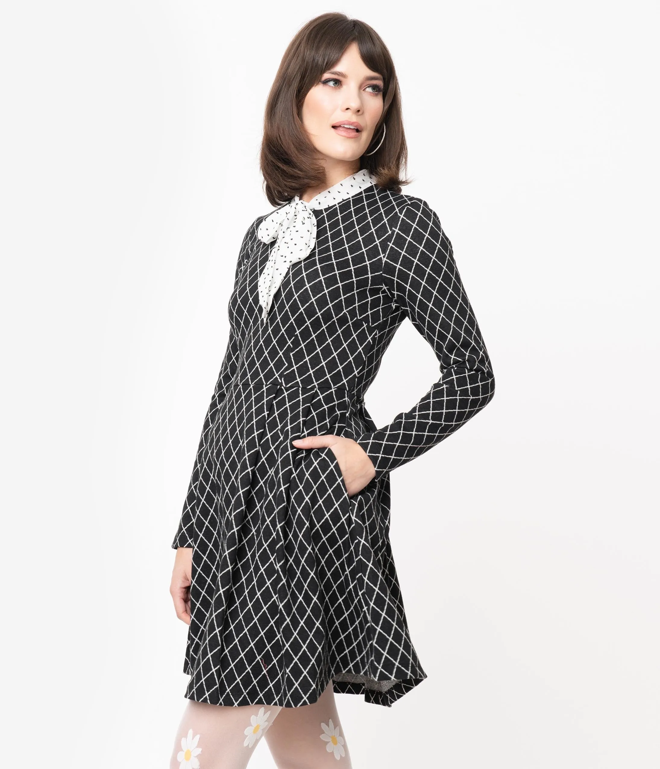 Smak Parlour Black & White Diamond Dotted Bow Flare Dress