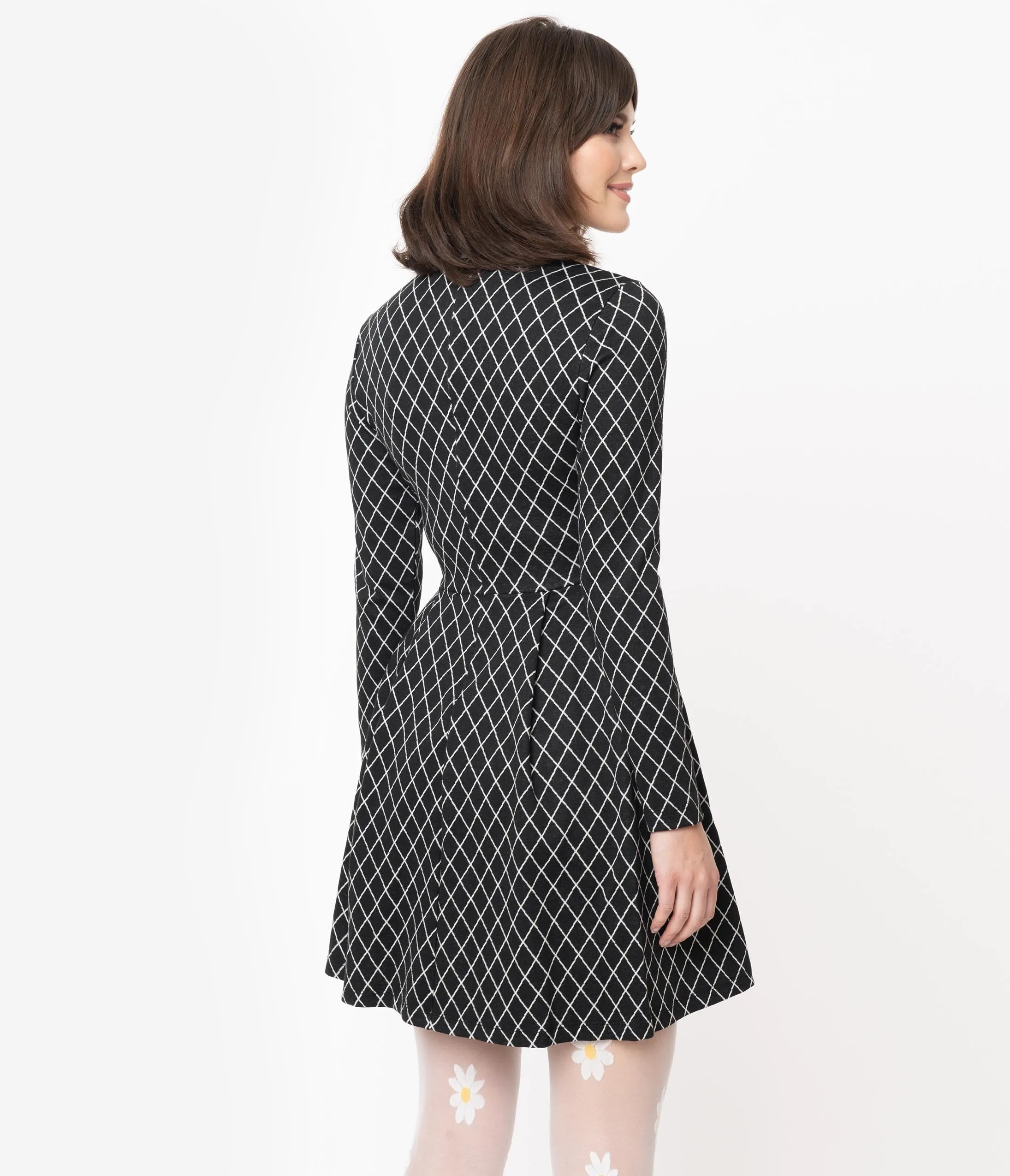 Smak Parlour Black & White Diamond Dotted Bow Flare Dress