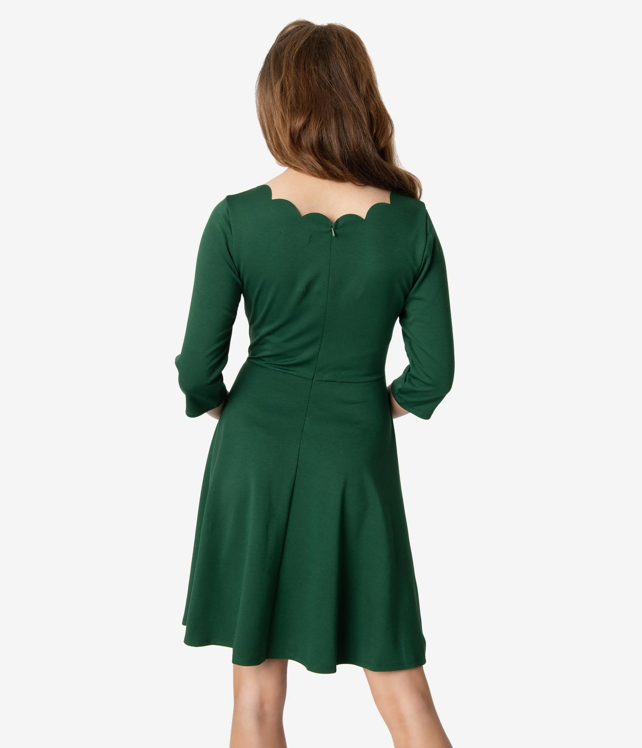 Smak Parlour Emerald Green Scalloped Three-Quarter Sleeve Charmed Fit & Flare Dress