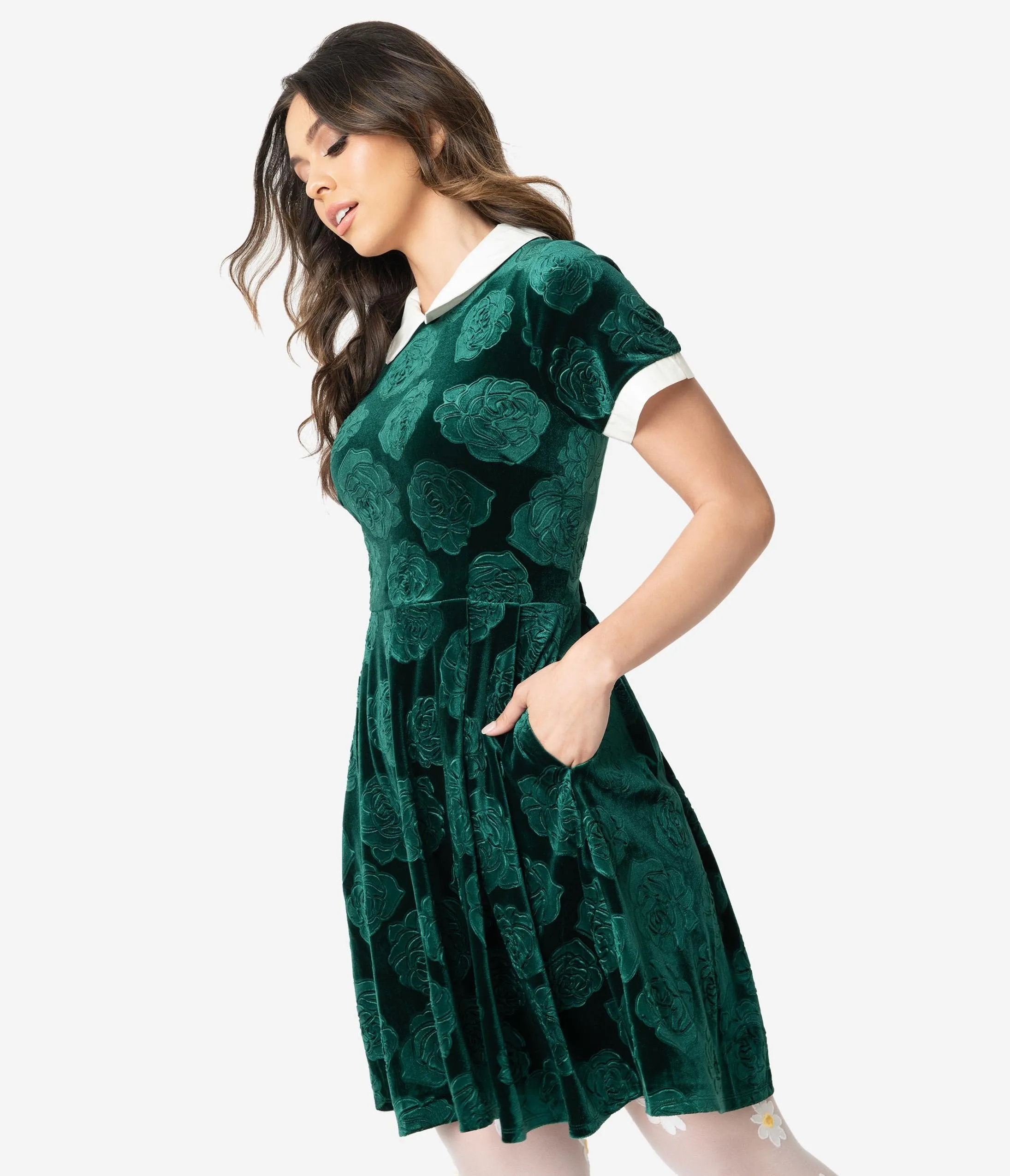 Smak Parlour Green Velvet Floral Embossed Babe Revolution Fit & Flare Dress