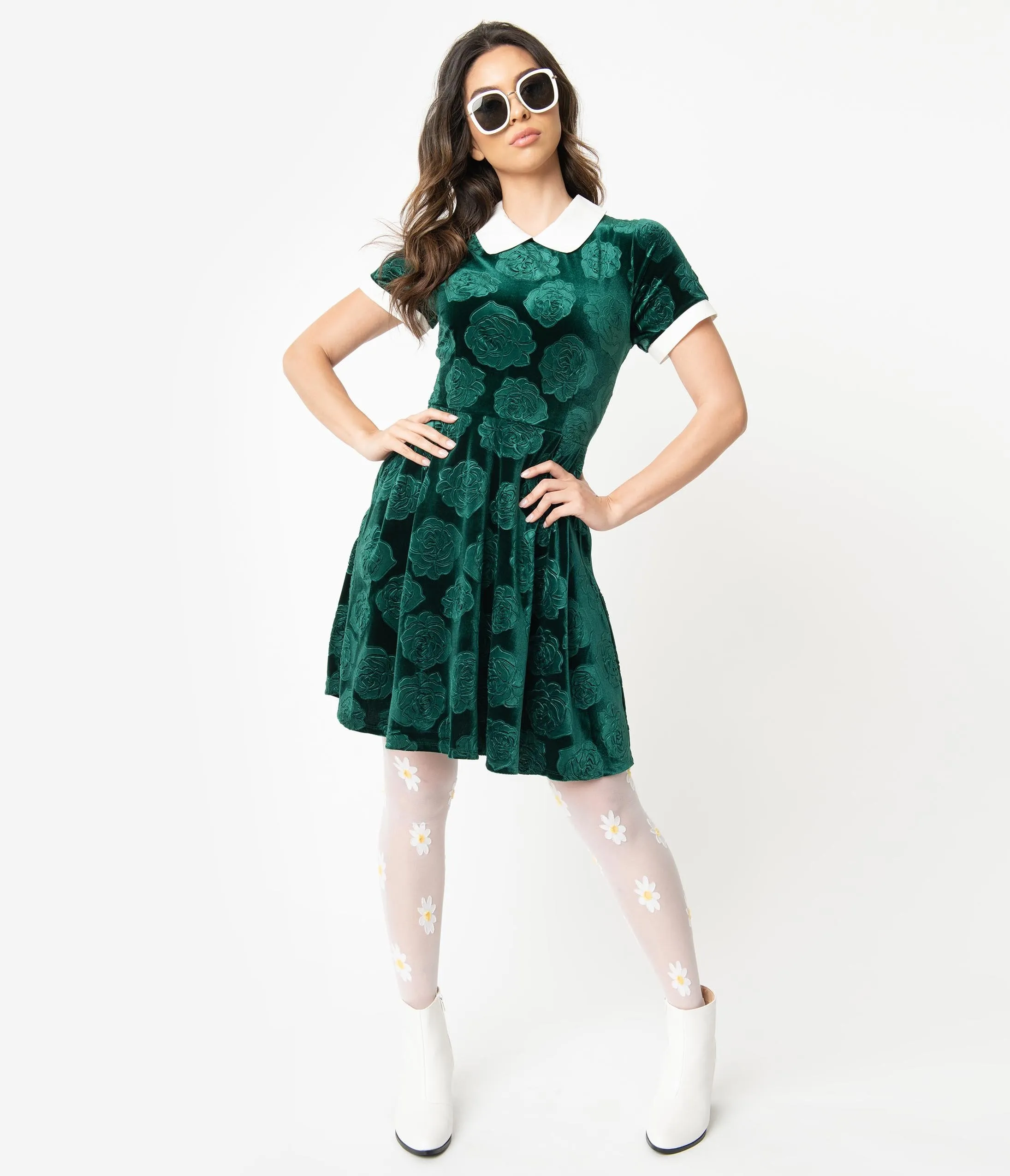 Smak Parlour Green Velvet Floral Embossed Babe Revolution Fit & Flare Dress