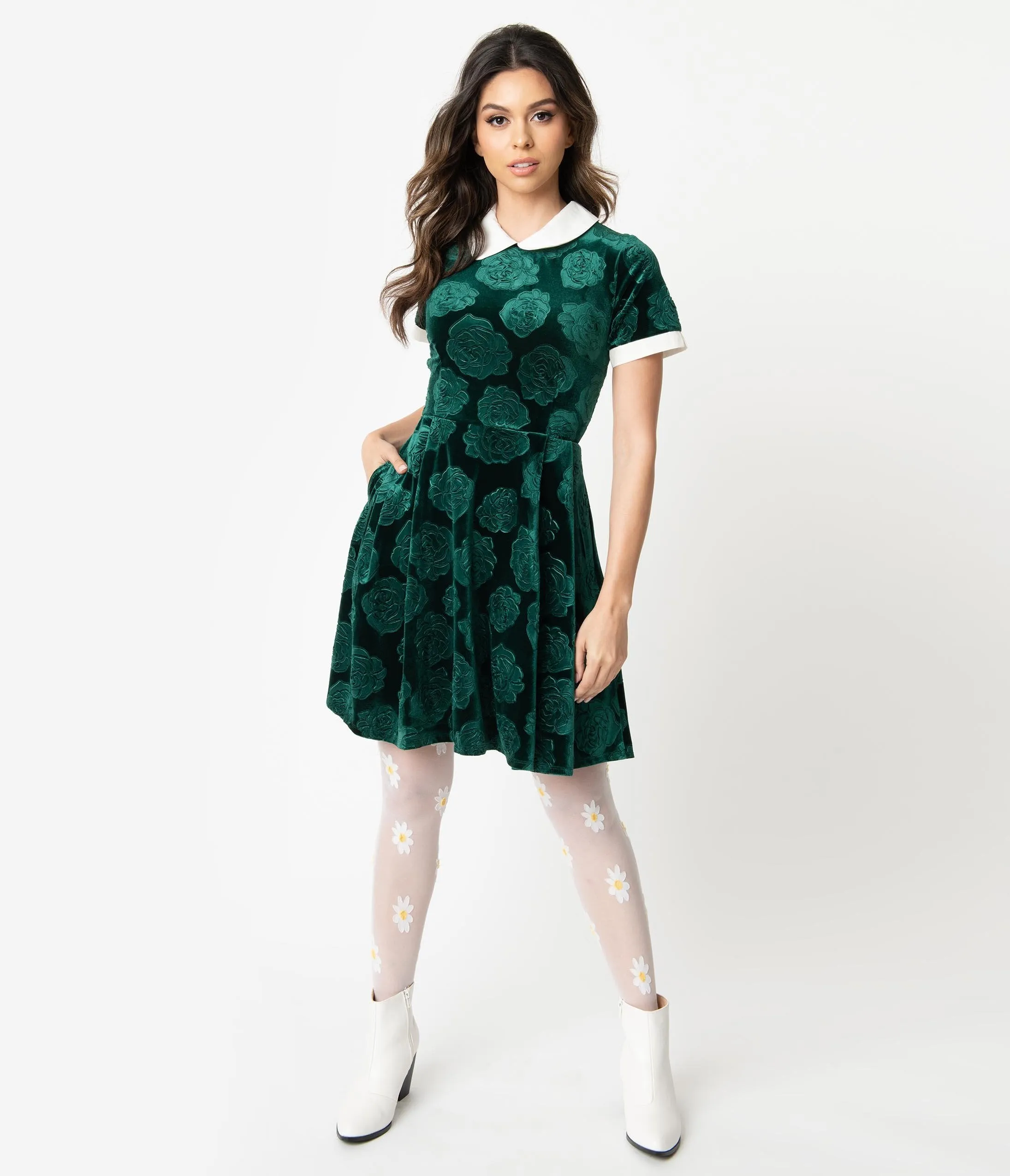 Smak Parlour Green Velvet Floral Embossed Babe Revolution Fit & Flare Dress