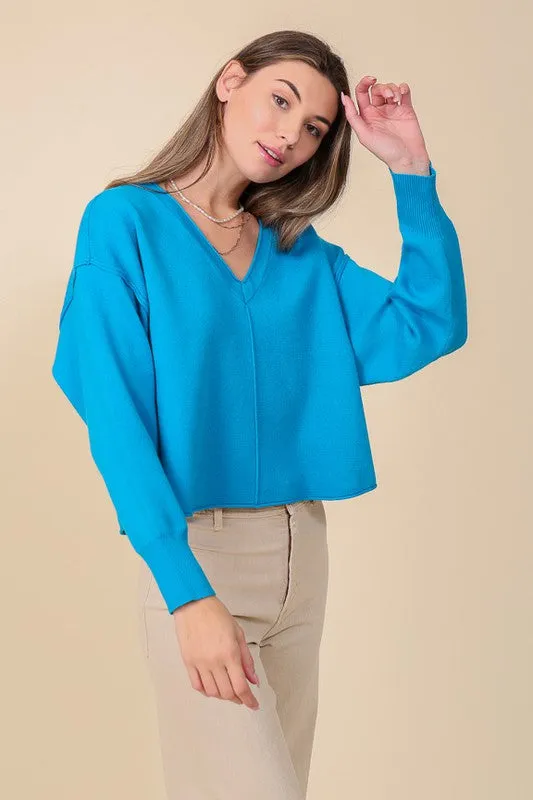 SOLID DROP SHOULDER V NECK TOP