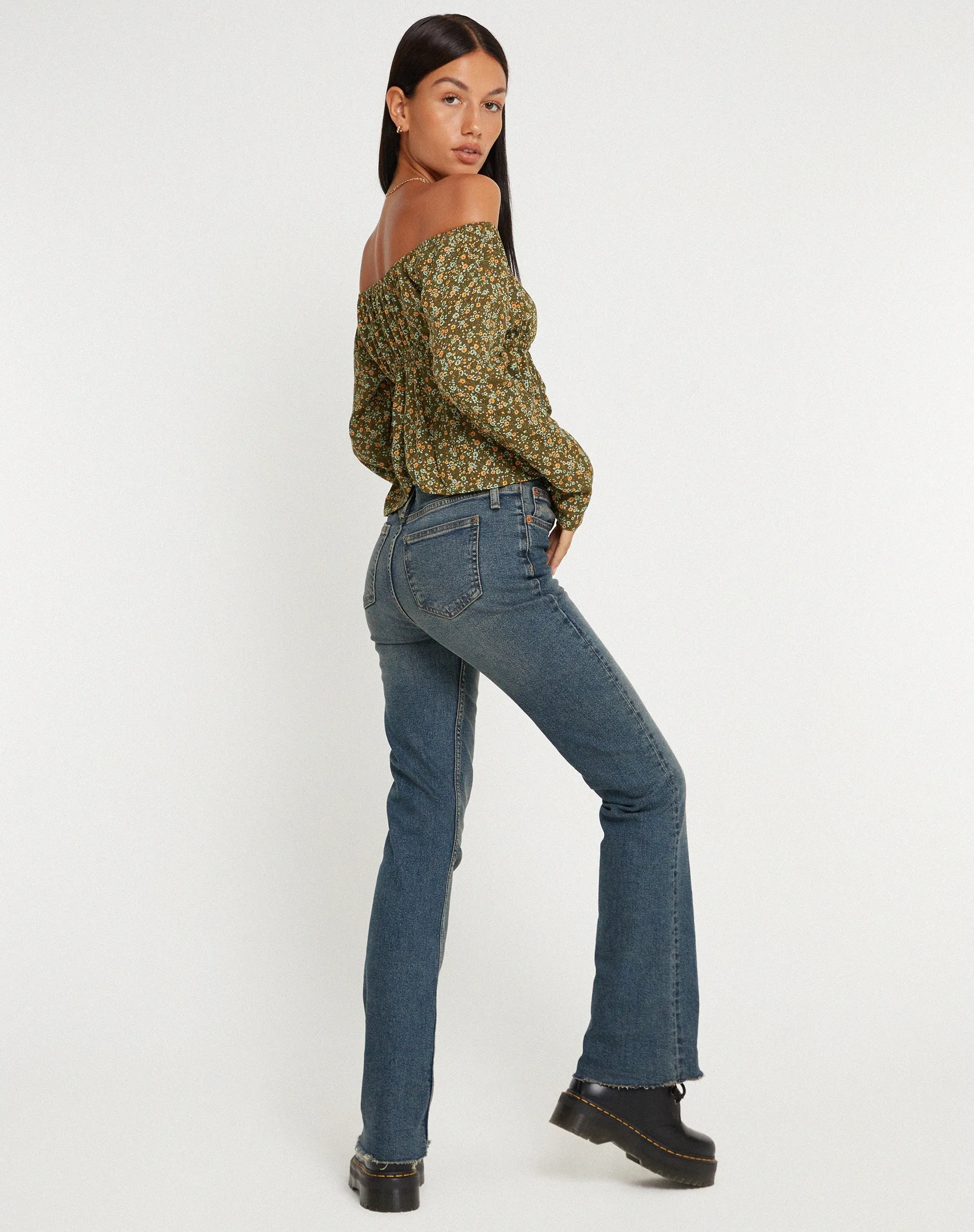 Thena Long Sleeve Top in Grungey Floral Khaki