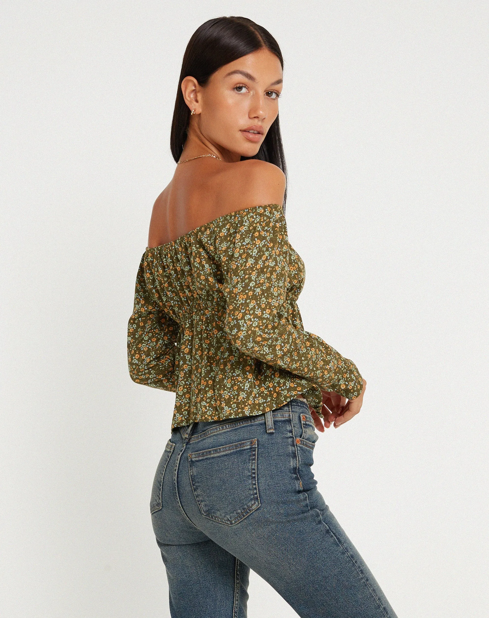 Thena Long Sleeve Top in Grungey Floral Khaki