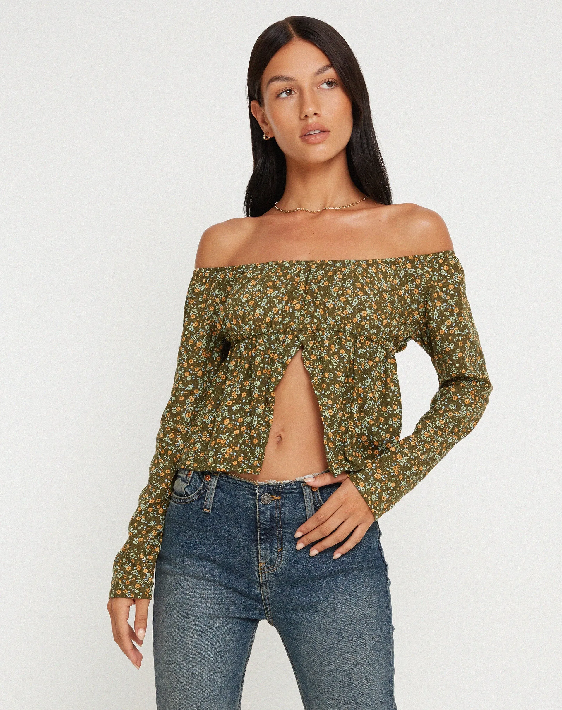 Thena Long Sleeve Top in Grungey Floral Khaki