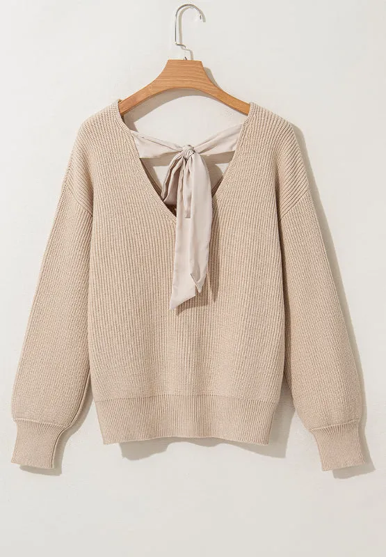 Tied Back V-Neck Long Sleeve Sweater