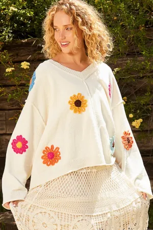 V-Neck Flower Patches Long Sleeve Sweater