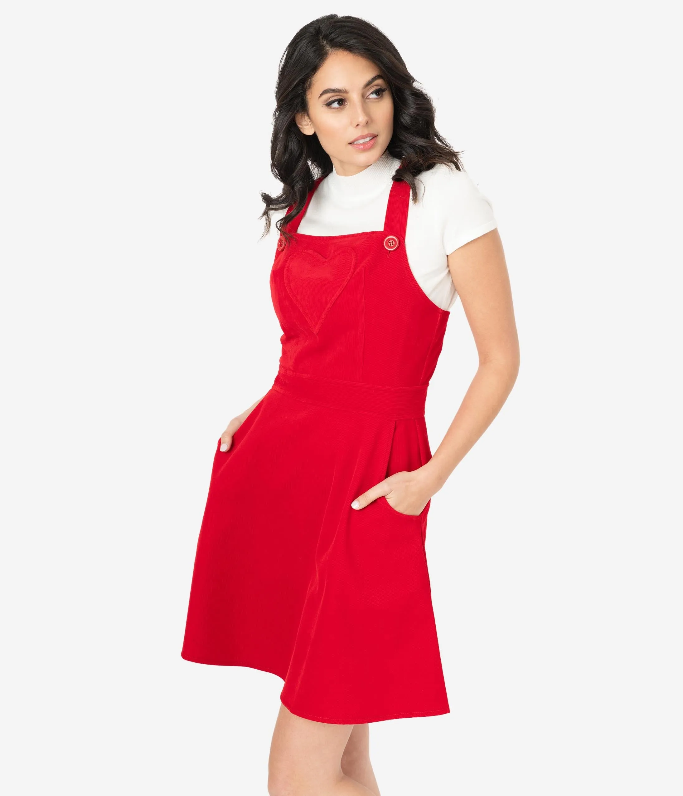 Voodoo Vixen Red Corduroy Heart Dungaree Dress