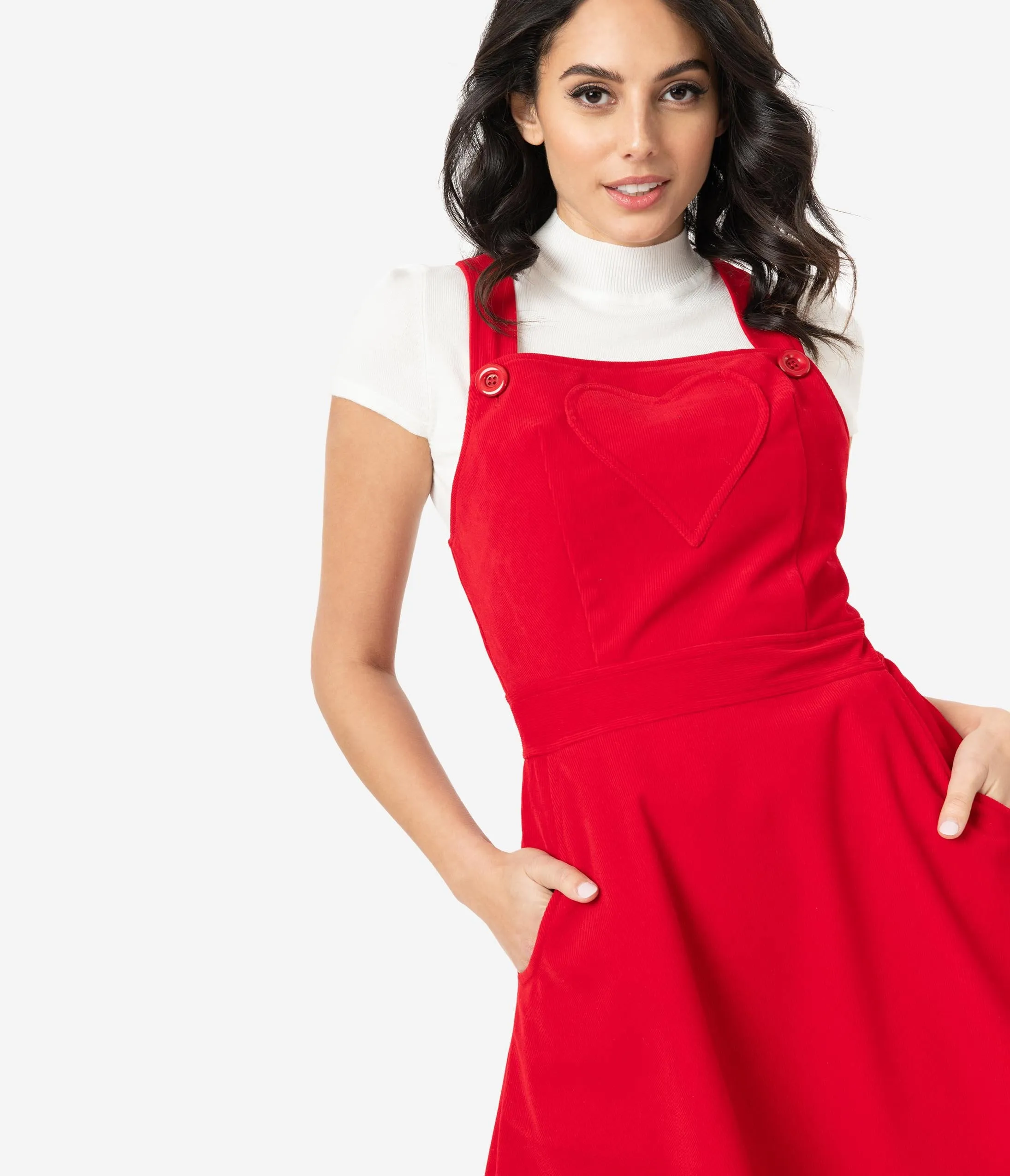 Voodoo Vixen Red Corduroy Heart Dungaree Dress