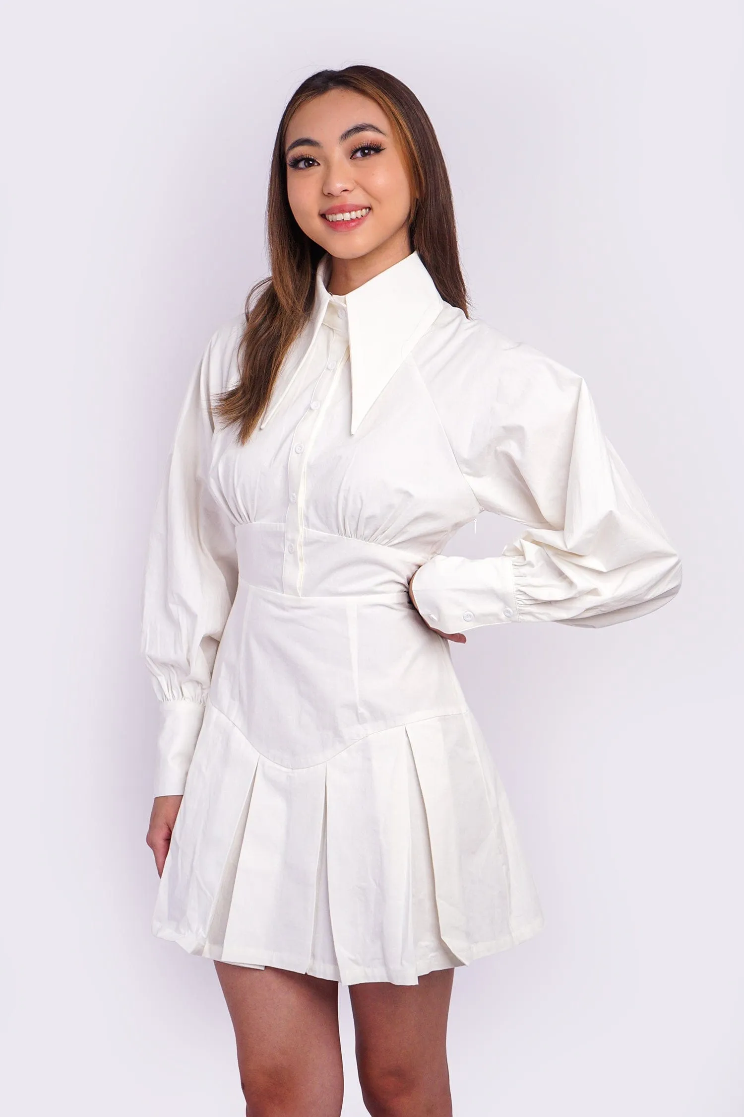 White Shirt Yoke Pleat Dress